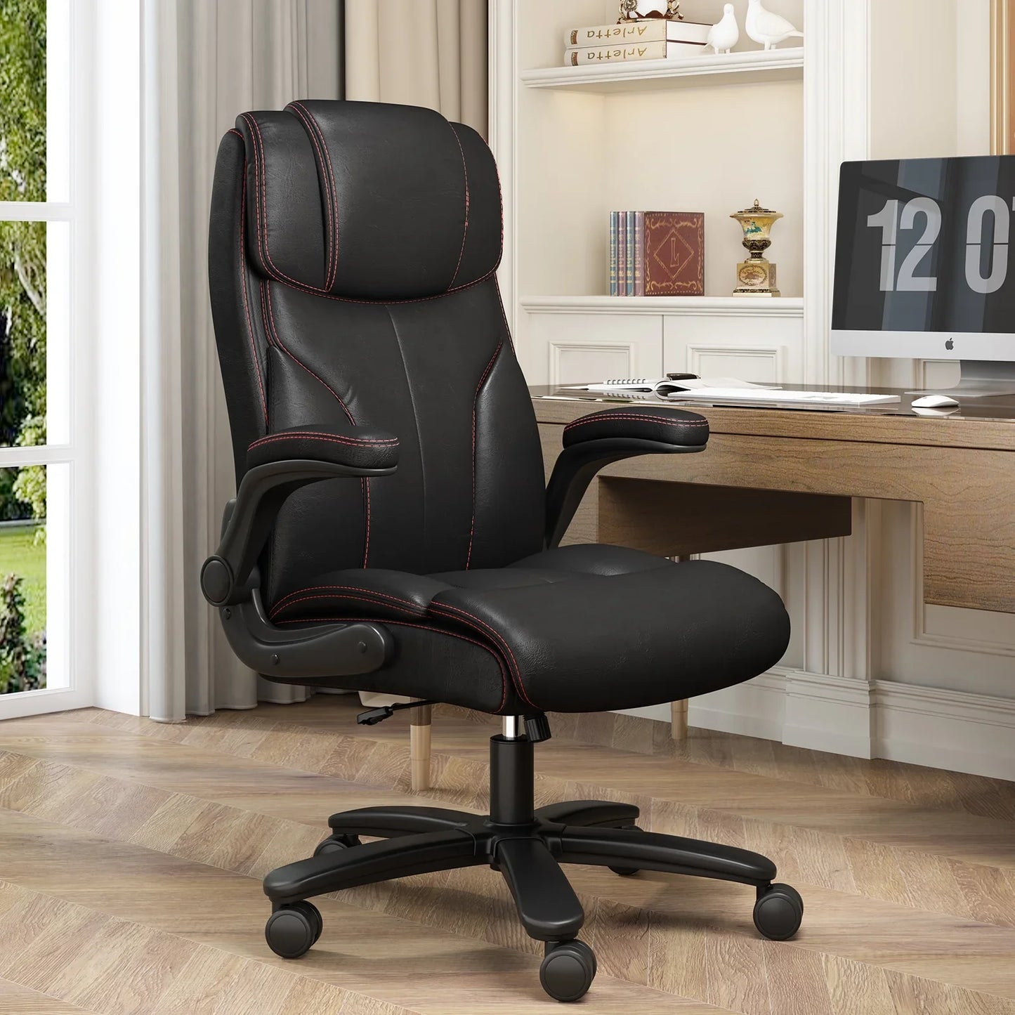 HomeZeer Executive Office Chair, Big and Tall Home Office Chairs 400lbs with Wide Seat, High Back Executive Office Chair with Adjustable Flip up Arm, Heavy Duty Leather Desk Computer Chairs, Black