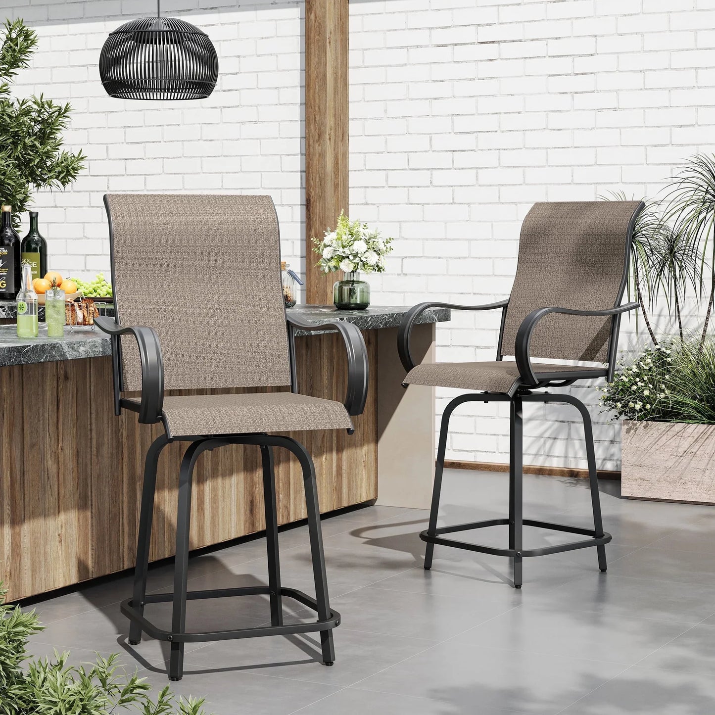 ECOPATIO Patio Swivel Bar Stools Chair of 2, All Weather High Back and Armrest Patio Stools & Bar Chairs for Backyard, Lawn Garden, Balcony , Brown