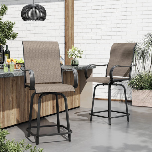 ECOPATIO Patio Swivel Bar Stools Chair of 2, All Weather High Back and Armrest Patio Stools & Bar Chairs for Backyard, Lawn Garden, Balcony , Brown