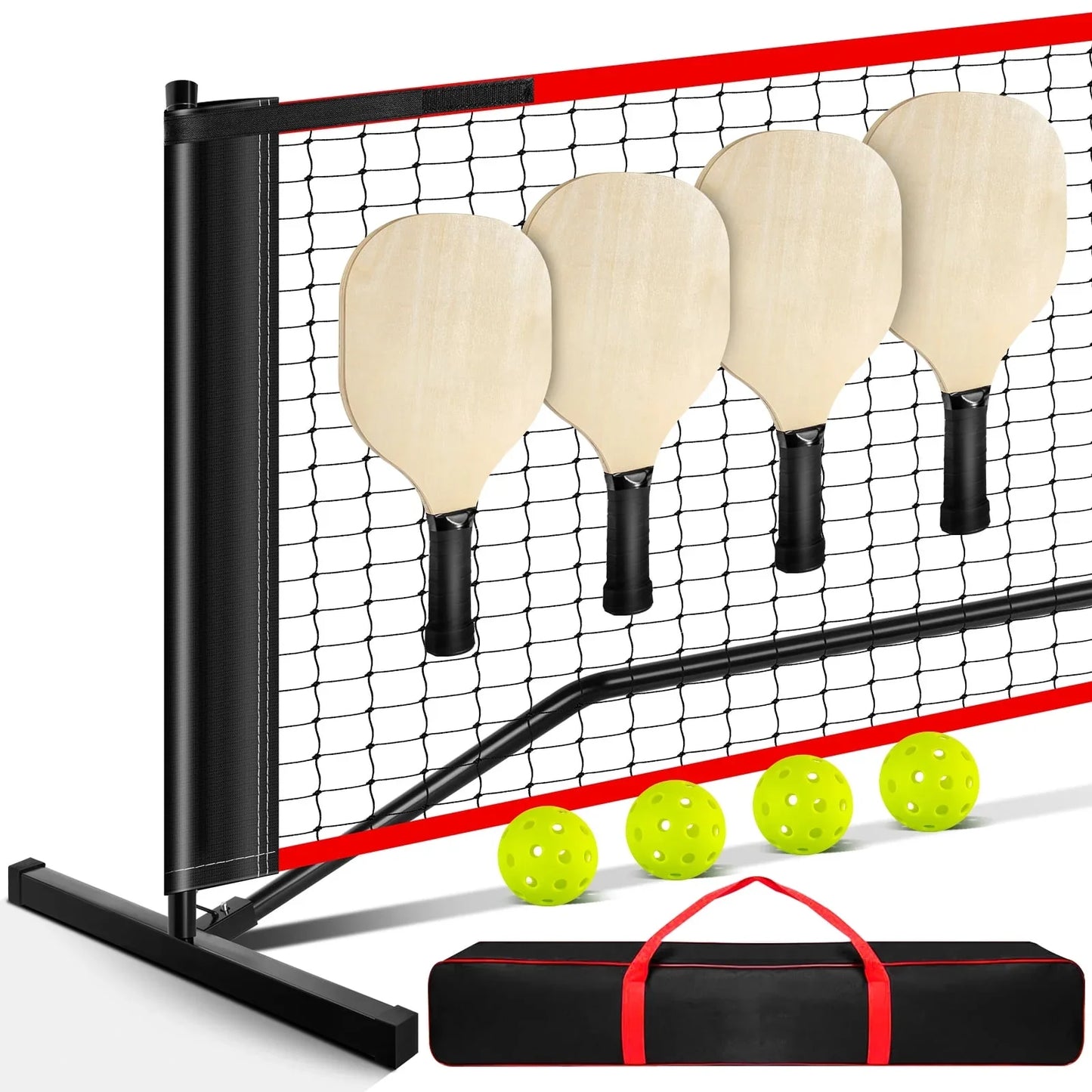 JASCOPRO Pickleball Net Set with 4 Paddles, 4 Pickleballs, 22FT Stable Metal Frame, and PE Net
