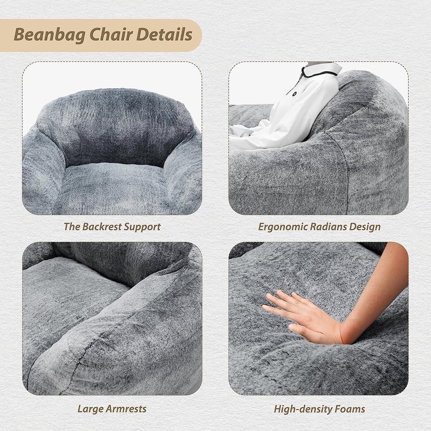 HOMGUAVA Giant Bean Bag Chair for Adults, Large Lazy Beanbag Sofa with Armrests & High-Density Foam for Living Room & Bedroom, Gray