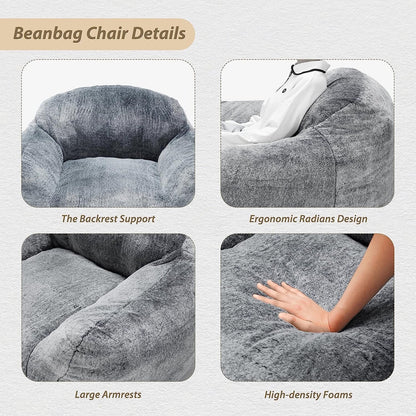 HOMGUAVA Giant Bean Bag Chair for Adults, Large Lazy Beanbag Sofa with Armrests & High-Density Foam for Living Room & Bedroom, Gray