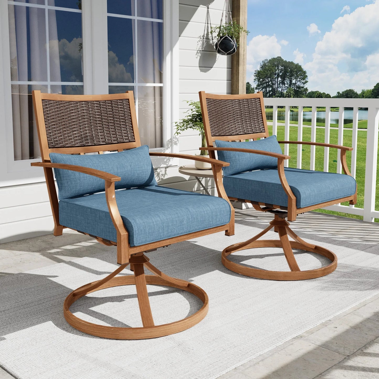ECOPATIO Patio Swivel Chairs Set of 2, All Weather Swivel Rocker Chairs with Hand-Painted Metal Frame, for Backyard Deck Lawn (Blue)
