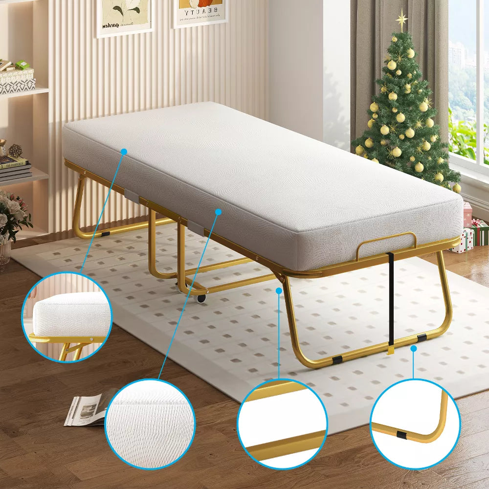 Mjkone Folding Bed with Memory Foam Mattress, Single Rollaway Bed for Guests, Space Saving Portable Bed with Lockable Wheels, Easy Assembly & Moving