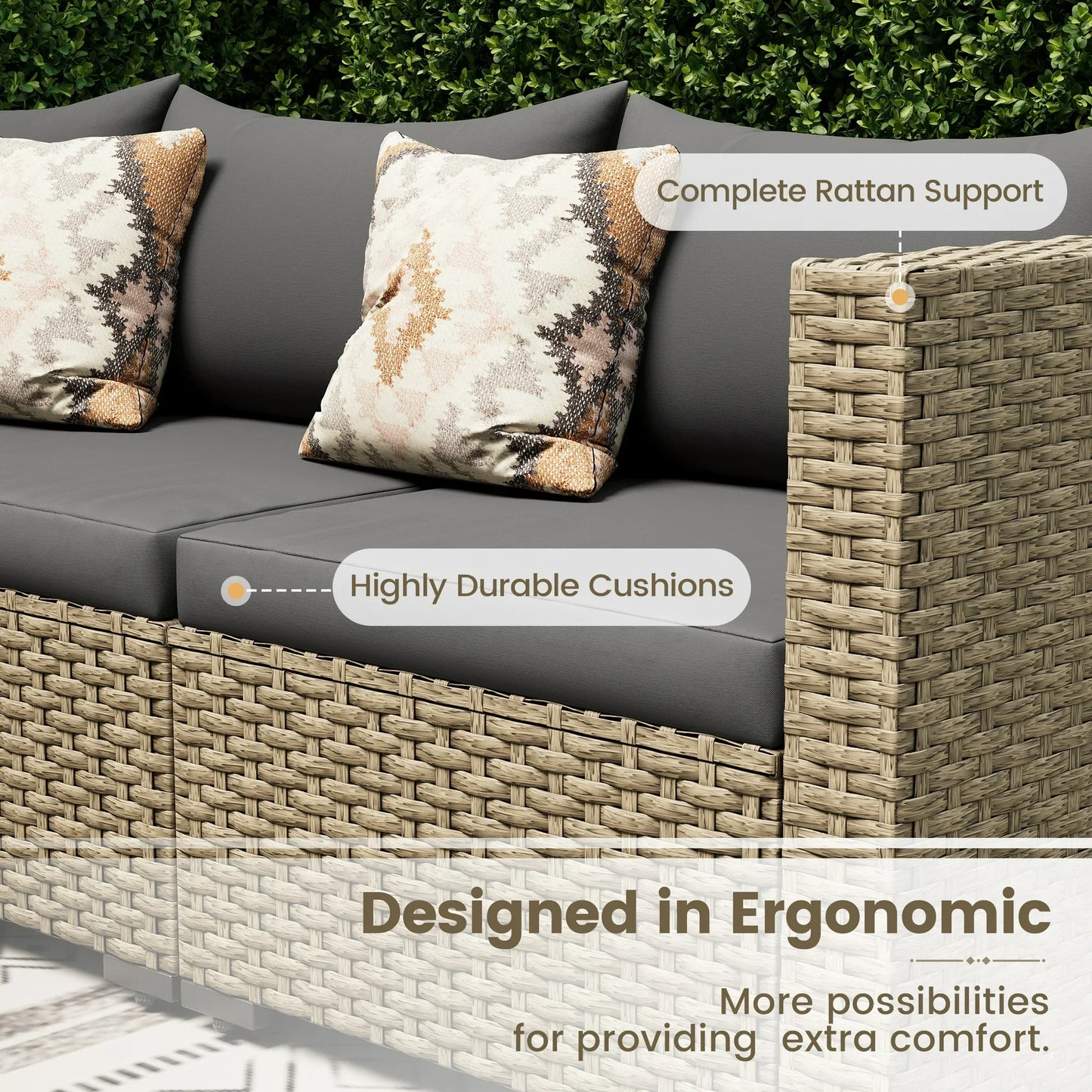 Poteban 7 Piece Outdoor Patio Furniture Set, Grey Rattan Wicker Outdoor Conversation Sectional Sofa Set with Cushions for Backyard, Gray