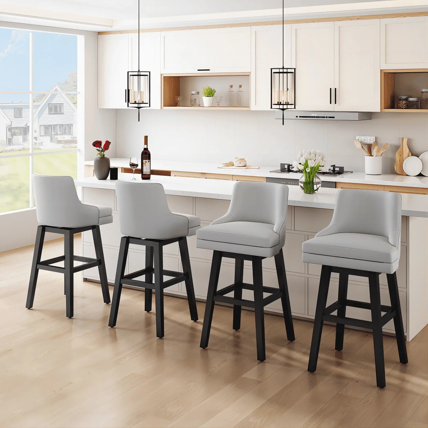 HomeZeer 26" Counter Height Bar Stools Set of 4, Low Back Modern Square Bar Stool, Upholstered Barstools Chairs for Kitchen Island, White