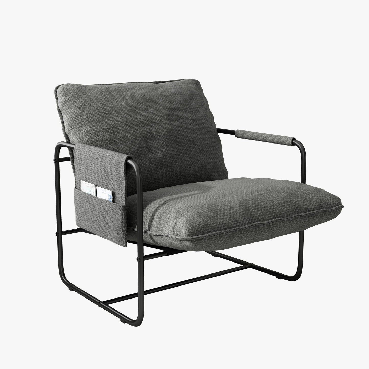 HomeZeer Metal Framed Sling Accent Chair, Living Room Accent Arm Chair with Removable Storage Bag, Linen Fabric Upholstered Leisure Chair for Reading Room, Grey