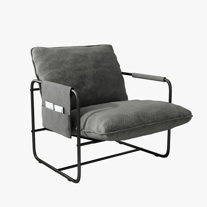 HomeZeer Metal Framed Sling Accent Chair, Living Room Accent Arm Chair with Removable Storage Bag, Linen Fabric Upholstered Leisure Chair for Reading Room, Grey