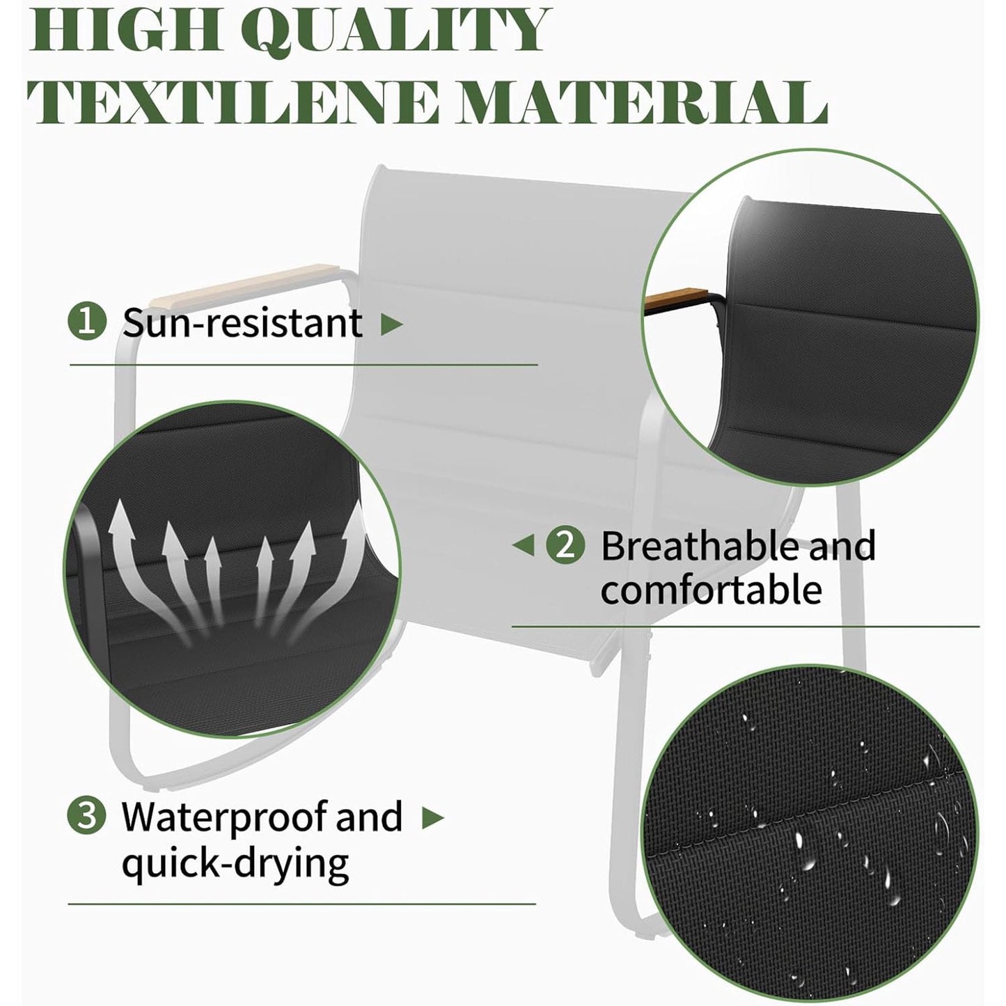 Poteban Outdoor Table and Chair Set 3 Piece, Patio Rocking Chair, Breathable Textilene Fabric Patio Furniture Set for Porch, Poolside, Deck, Outdoor Terrace, Balcony, Garden,Black