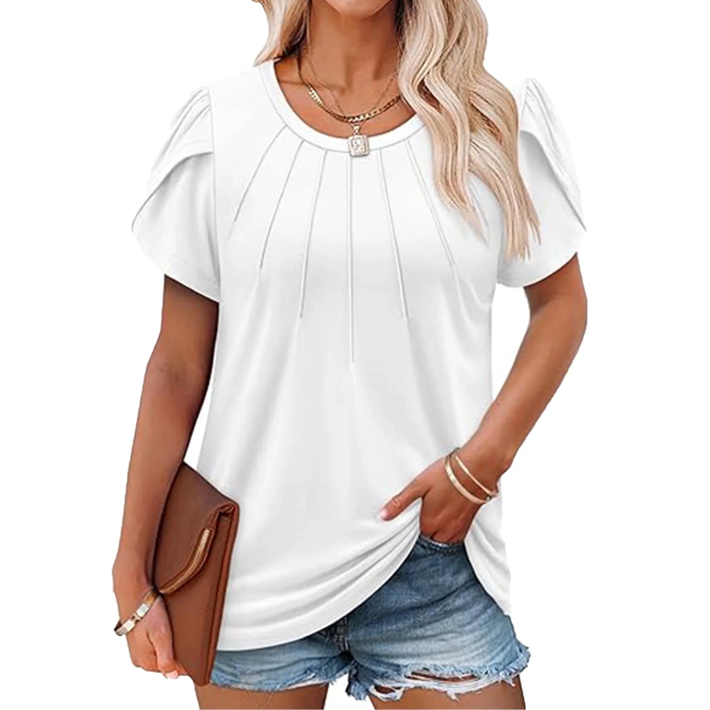 VDJ Womens Tops Dressy Blouses Casual Tshirts Summer Short Sleeve White Shirts Business Crew Neck Tunic Size XL