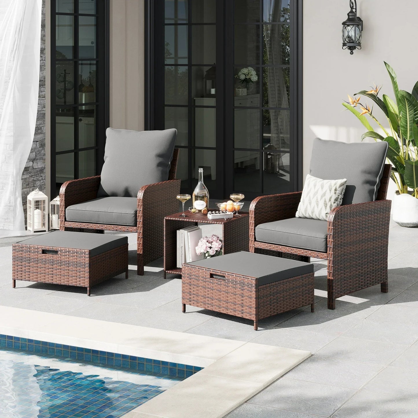 ECOPATIO 5 Piece Patio Furniture Set, Outdoor Patio Conversation Rattan Chair with Ottomans w/Storage Coffee Table for Patio, Space Saving Design for Balcony Poolside Front Porch Deck,Gray