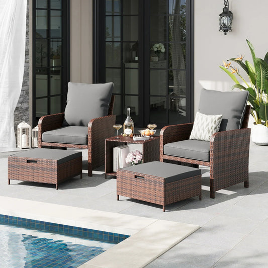 ECOPATIO 5 Piece Patio Furniture Set, Outdoor Patio Conversation Rattan Chair with Ottomans w/Storage Coffee Table for Patio, Space Saving Design for Balcony Poolside Front Porch Deck,Gray