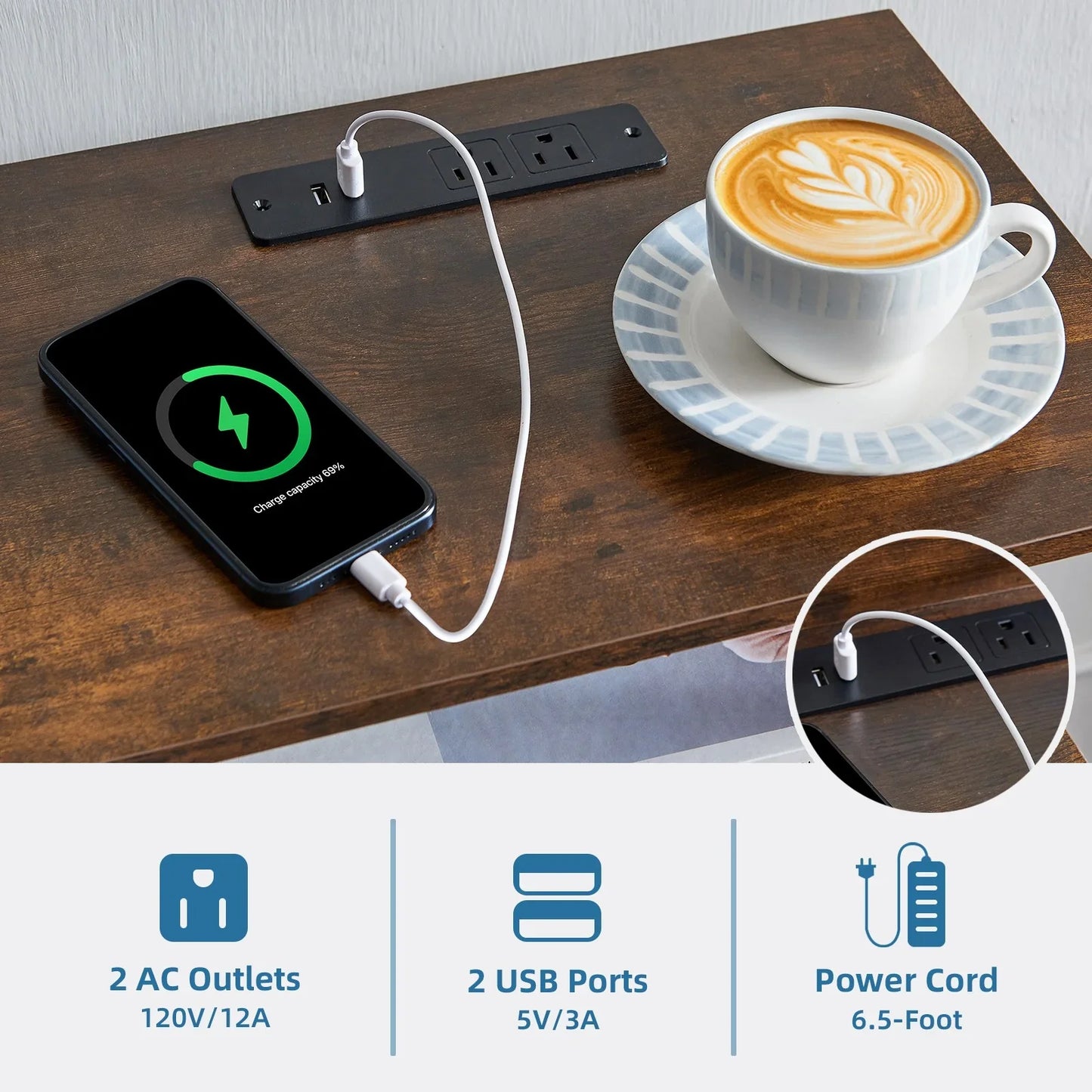 Somdot Dresser with Charging Station, Nightstand with 5 Removable Fabric Drawers, Black Rustic Brown