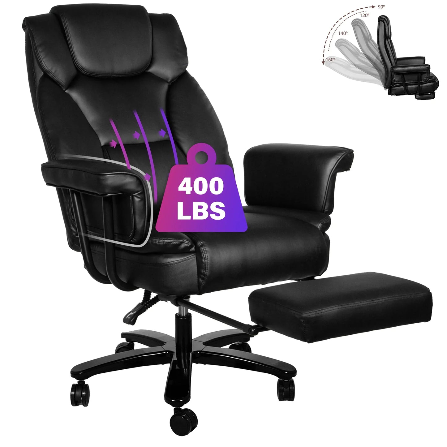 HomeZeer Big and Tall Office Chair 400lbs, Reclining Office Chair with Footrest, High Back Leather Wide Seat Comfortable Office Chair, Swivel Ergonomic Executive Desk Chair, Black