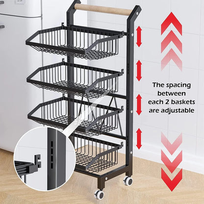 Kitchen Storage Cart with Wheels, 4-Tier Detachable Rolling Cart, Kitchen Vegetable and Fruits Utility Shelf Rack