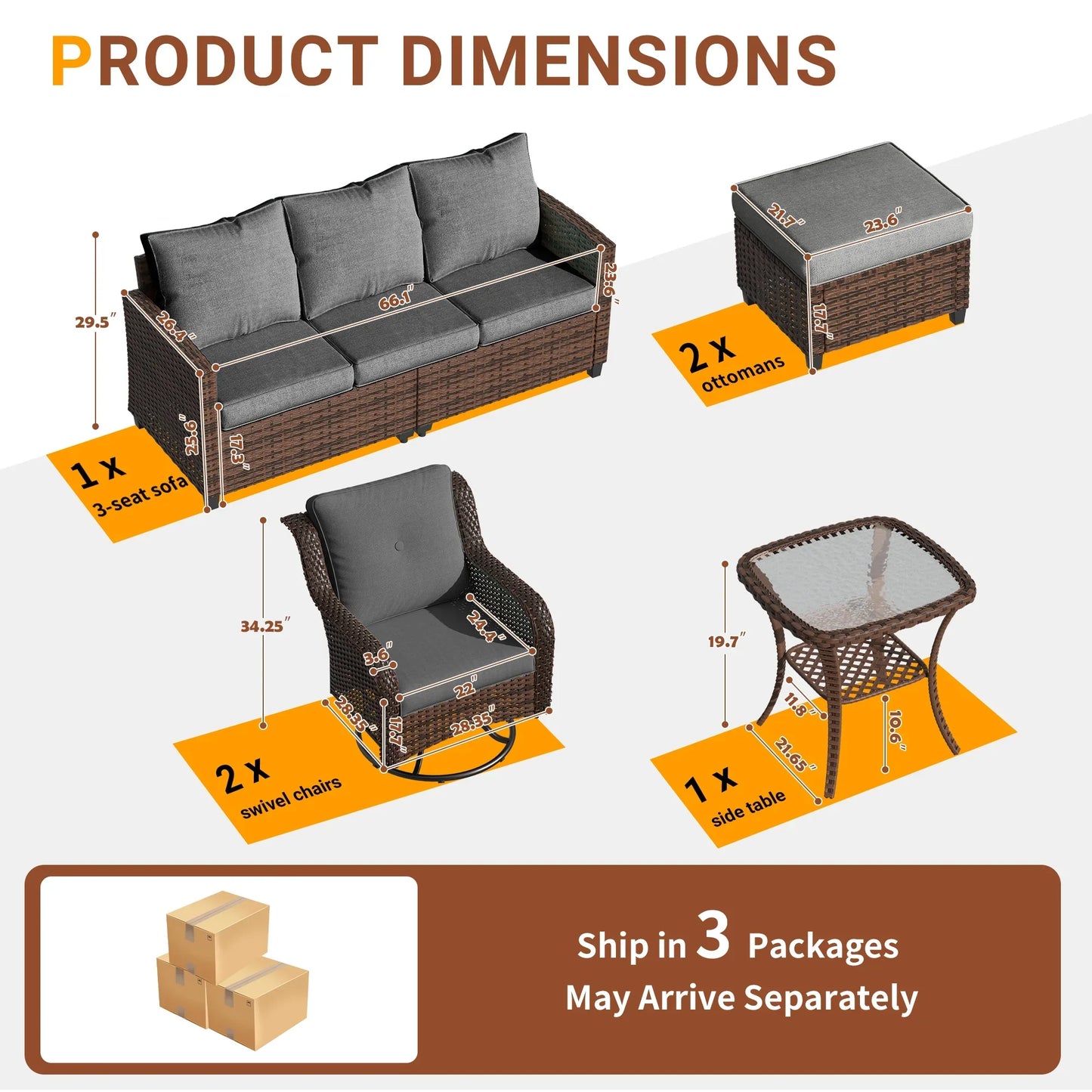 Poteban Patio Furniture Swivel Rocking Chair Sets, 6 Pieces Outdoor Conversation Sectional Furniture, Wicker Rattan Sofa with Rocking Chair, Ottomans, Side Table, Dark Grey Cushion