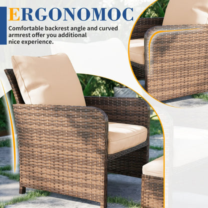 Poteban Balcony Furniture 5 Piece Patio Furniture Set, Outdoor Patio Chair with Ottoman for Front Porch Deck, Wicker Lounge Chair with Side Table, Khaki