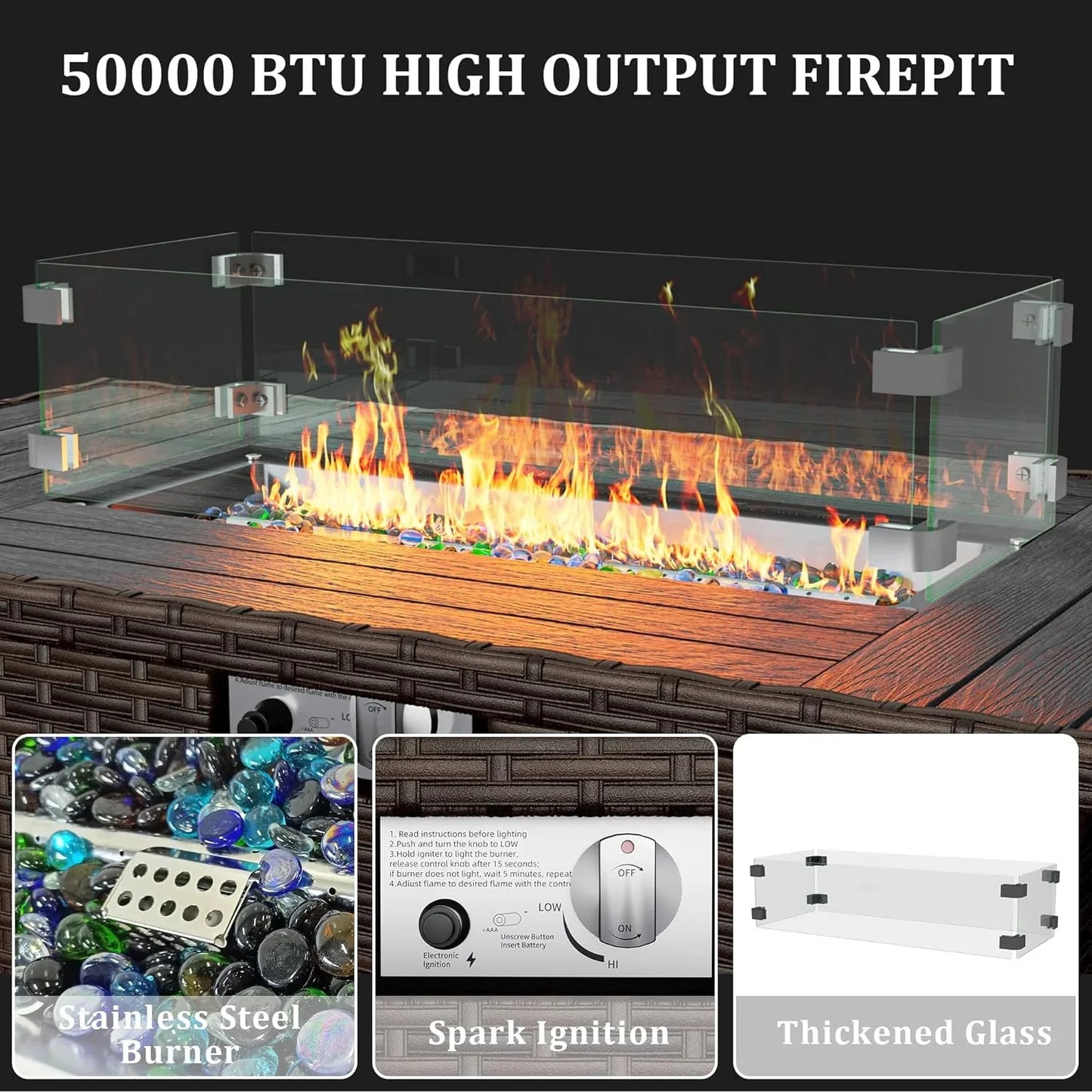 Poteban Rattan Propane Gas Fire Table,Outdoor Gas Burning Fire Pit,Outdoor Rattans Wicker-Look Square Fire Table with windscreen for Backyard,Brown