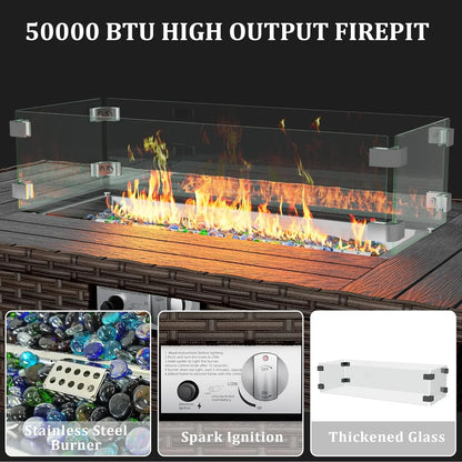 Poteban Rattan Propane Gas Fire Table,Outdoor Gas Burning Fire Pit,Outdoor Rattans Wicker-Look Square Fire Table with windscreen for Backyard,Brown