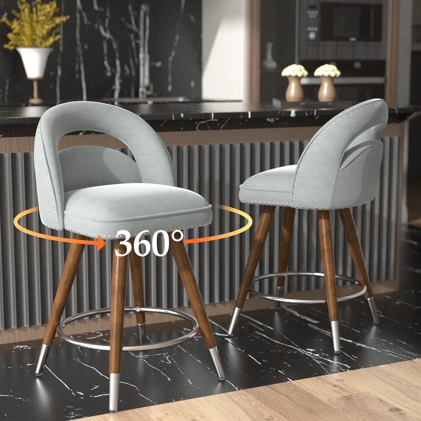HomeZeer Swivel Counter Height Bar Stools Set of 2, 24 Inch Modern Counter Stools with Back,Velvet Upholstered Barstools for Kitchen Island, Solid Wood Legs Bars Chairs with Footrest, Grey