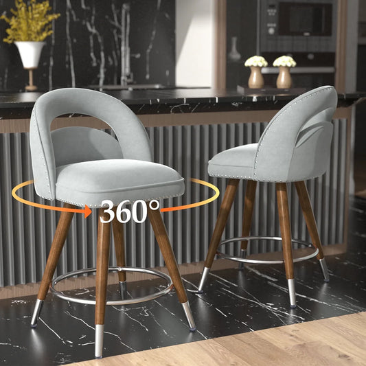 HomeZeer Swivel Counter Height Bar Stools Set of 2, 24 Inch Modern Counter Stools with Back,Velvet Upholstered Barstools for Kitchen Island, Solid Wood Legs Bars Chairs with Footrest, Grey