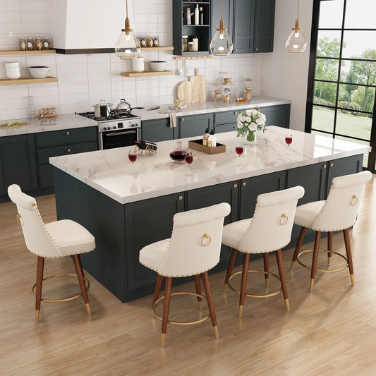 HomeZeer 24" Bar Stools Set of 4, Swivel Counter Height Bar Stools with Back and Footrest, Velvet Upholstered Bar stools with Solid Wood Legs, Button Tufted Barstools for Kitchen Island,Beige