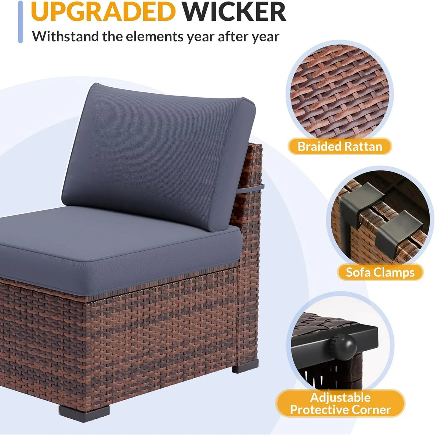 Poteban 7 Pieces Outdoor Sectional Sofa Set with Waterproof Cover, PE Wicker Rattan Slanted Back Outdoor Conversation with Cushions and Glass Coffee Table for Backyard Garden Dark, Grey