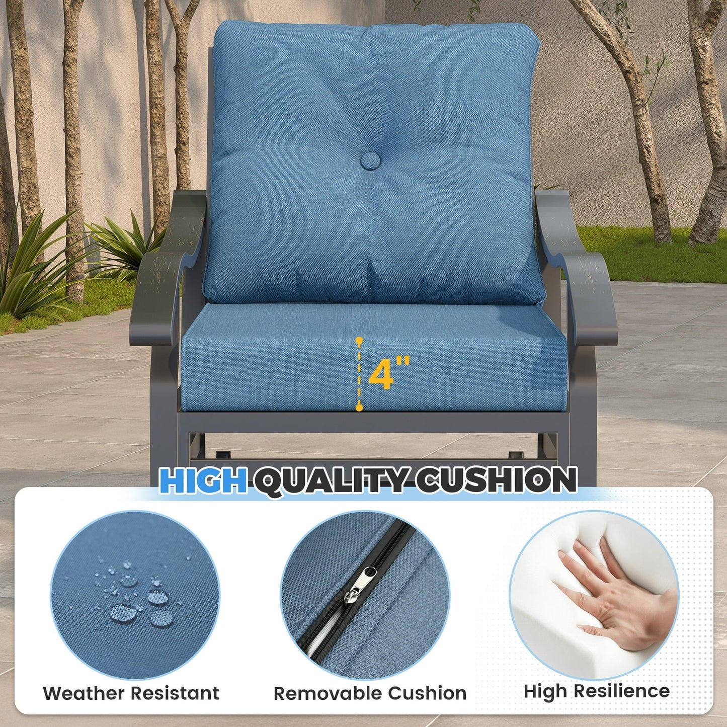 Poteban Outdoor Swivel Rocker Chairs, 3 Piece Metal Patio Rocking Chairs with Padded Cushions Patio Bistro Furniture Set with Side Table for Porch Balcony Backyard, Blue