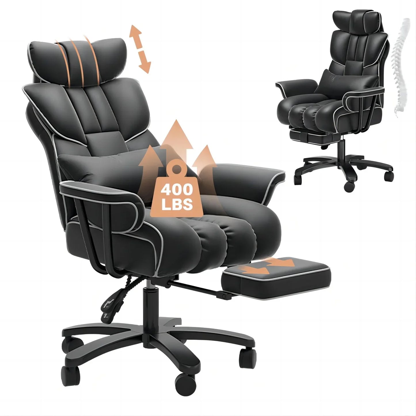 HomeZeer Reclining Office Chair 400lbs with Footrest, Executive Big and Tall Office Chair with Lumbar Support and Wide Seat, Heavy Duty Leather High Back Desk Chair, Black