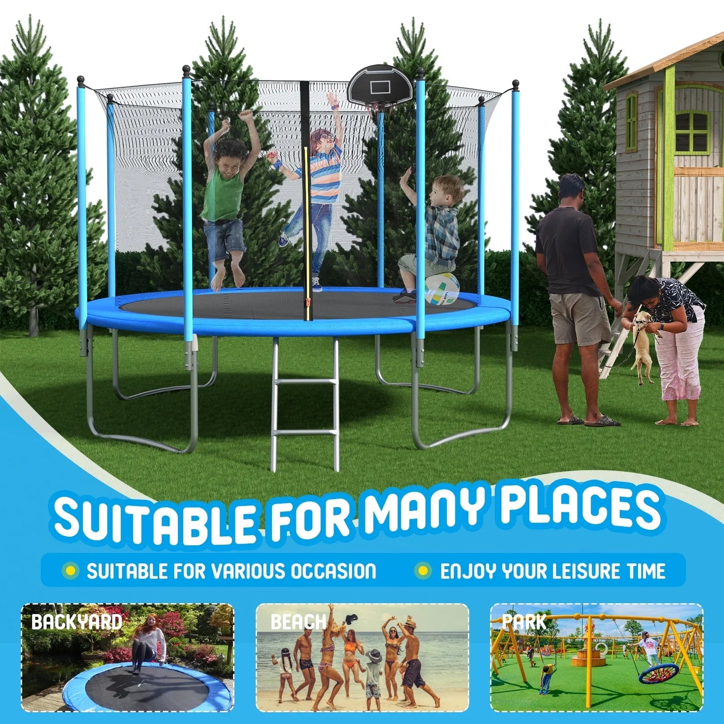 EUROCO 1500LB 14FT Trampoline for Adults and Kids, Trampoline with Enclosure ,Ladder,Basketball Hoop,Heavy Duty Recreational Trampoline Capacity for 6-7 Kids