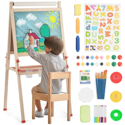 Art Easel for Kids with Paper Roll, Adjustable Double Side Art Drawing Standing Chalkboard for Toddlers 3-12, Boy & Girls Wooden Gift & Art Supplies for Toddler