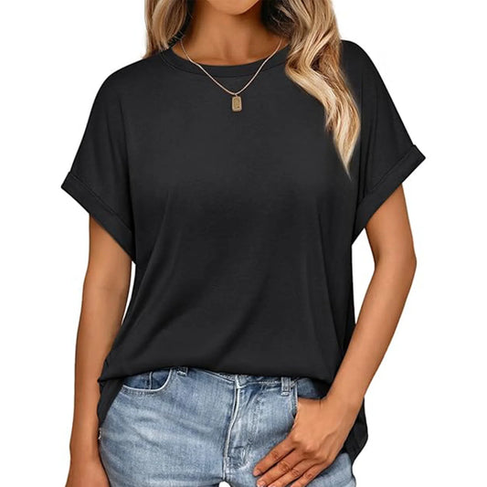 VDJ Women Casual Tops Summer Short Sleeve Crew Neck T Shirts Trendy Black Tunic Tee Solid Blouses for Lady Size XL