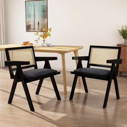 HomeZeer Rattan Dining Chars Set of 2, Upholstered Kitchen Chairs with Armrest and Cane Backrest, Mid Century Wooden Frame Dining Chais, Black