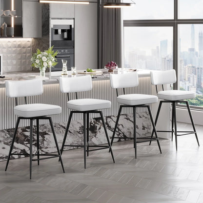 HomeZeer Swivel Bar Stools Set of 4, 26" Counter Height BarStool with Back, Leather Upholstered Kitchen Stools with Footrest and Metal Frame, Bar Chair for Kitchen Island, White