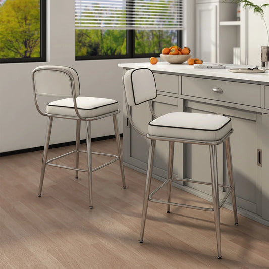 HomeZeer 26 Inch Counter Height Bar Stools Set of 2, Modern Counter Stools with Back,Square PU Leather Barstools for Kitchen Island, Solid Metal Frame Bar Chairs with Footrest,White