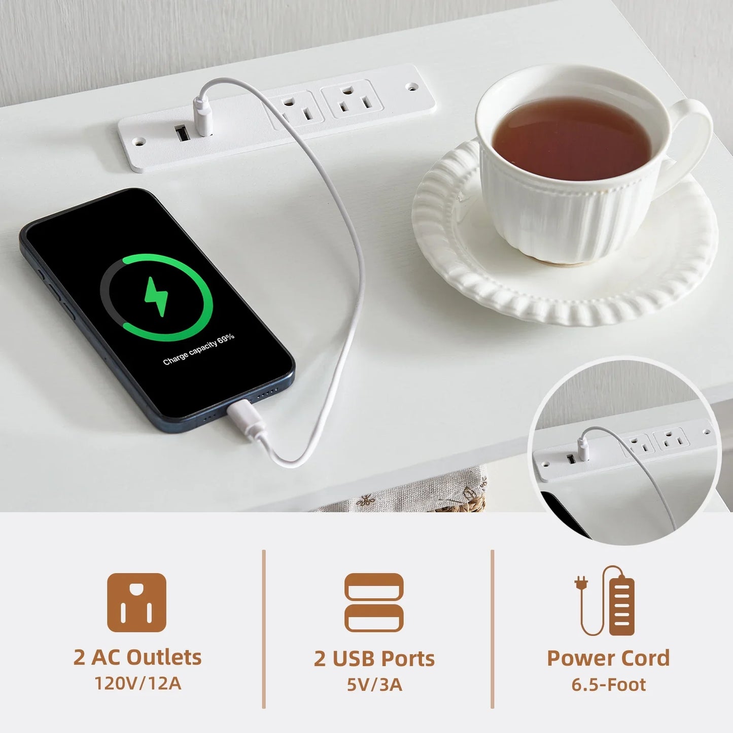 Somdot LED Dresser with Charging Station, 3 Lightweight Fabric Drawers and Open Shelf, White Leather