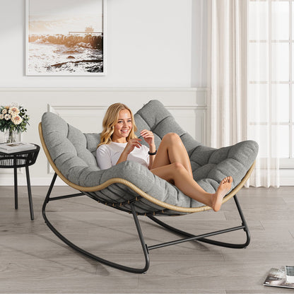 Poteban Outdoor Rocking Chair, Indoor Papasan Chair, Oversized Egg Rocking Chair with Thick Cushion, Rattan Wicker Rocker Lounge Chair for Bedroom, Living Room, Patio, Garden, Porch (Light Grey)