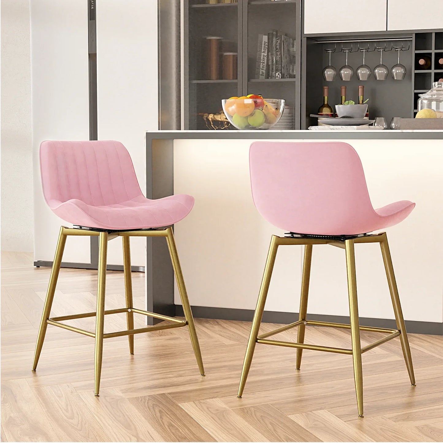 Homezeer 24" Counter Height Bar Stools Set 2 Gold Metal Legs , Velvet Upholstery Kitchen Stools Pink