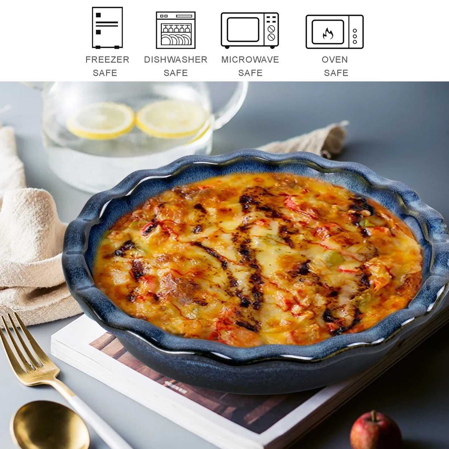 UNICASA Ceramic Pie Dish,10.75 Inch Stoneware Pie Pan,Baking Dish for Making Sweet and Savory Dishs(Blue)