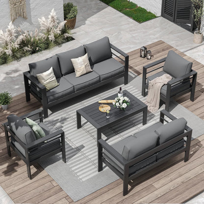 ECOPATIO Aluminum Patio Furniture Set, 8 Pcs Metal Modern Outdoor Sofa Sets, Outdoor Sectional Patio Conversation Set with Coffee Table for Backyard, Poolside, Dark Grey (Included Waterproof Covers)