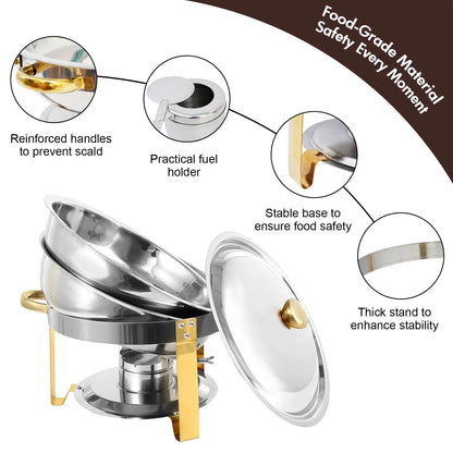 CATGOOD Chafing Dish Buffet Set 5QT Round Half-Gold Plated Stainless Steel Chafing Dish with Stainless Steel Lid, Buffet Warmer Set, 4-Pack, for Home Gatherings, Christmas Parties, Catering Events