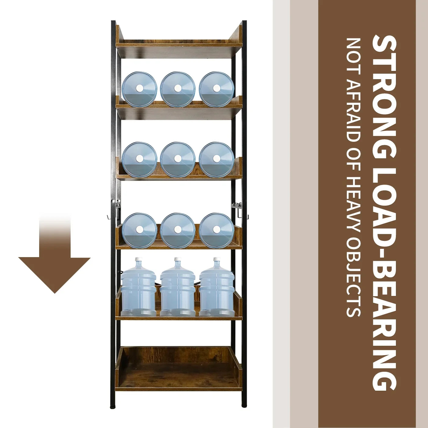 Bookshelf 6 Tier with 4 Hooks, Industrial Bookcase, Vintage Storage Rack with Open Shelves, Rustic Standing Bookshelves Metal Frame Display Rack for Living Room, Bedroom, Rustic Brown