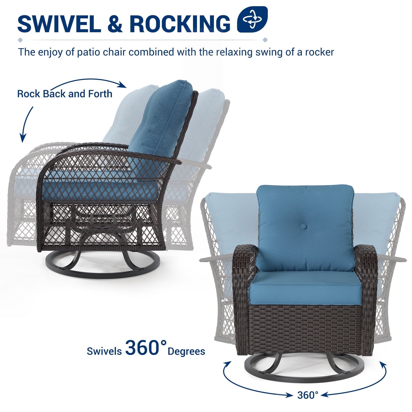 Poteban Outdoor Swivel Rocker Chairs, 3 Piece Patio Rocking Chairs with Padded Cushions Patio Bistro Furniture Set with Side Table for Porch Balcony Backyard