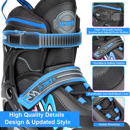 Adjustable Inline Skates for Kids and Adults, jcaeh 4 Sizes Outdoor Blades Roller Skates with Full Illuminating Light Up Wheels for Girls and Boys, Men and Women/Blue(Size 1-4 US)