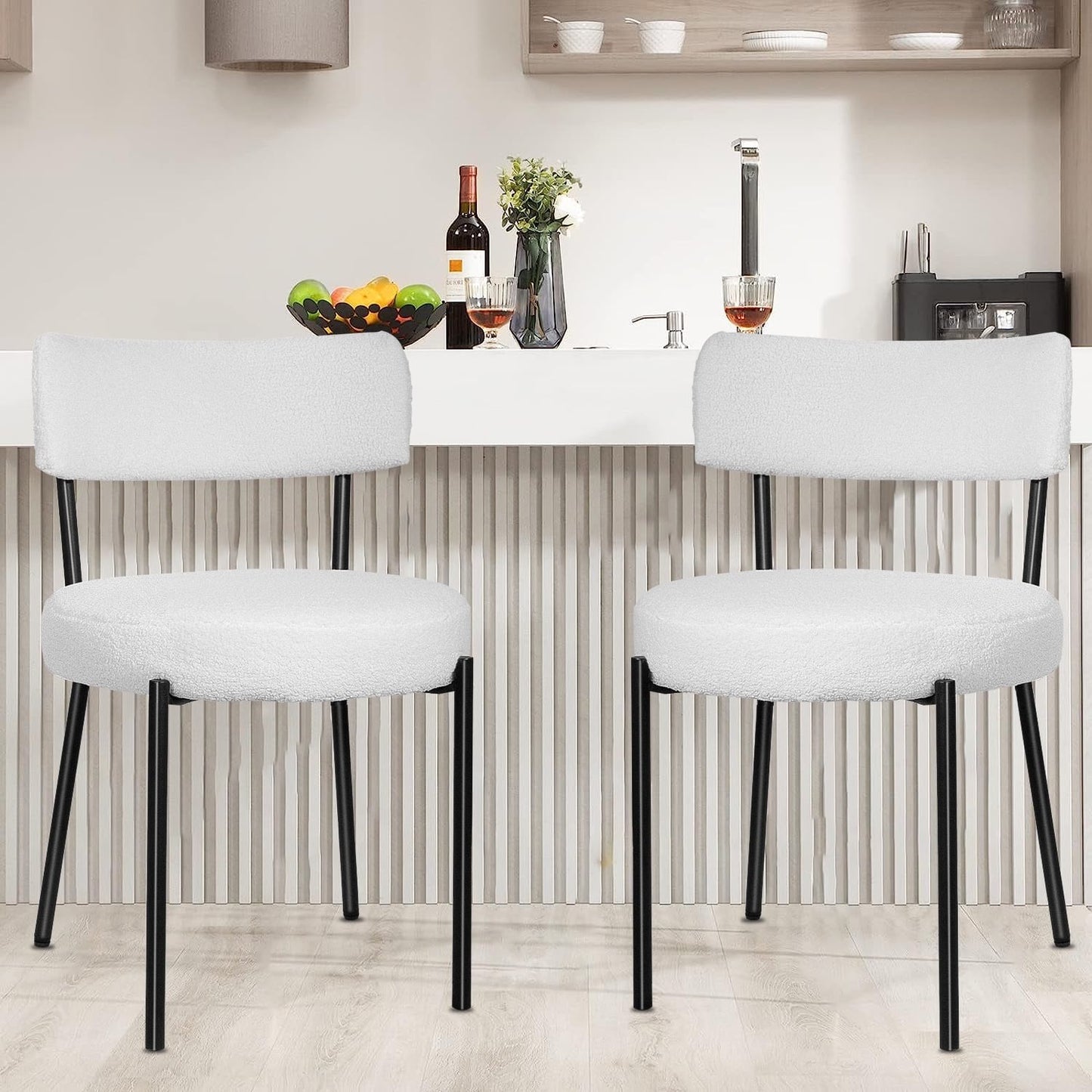 HomeZeer Dining Chair Set of 2, Modern Boucle Upholstered Dining Chair, Dining Room Round Seat with Curved Backrest, White Dining Room Chairs with Black Metal Legs for Kitchen