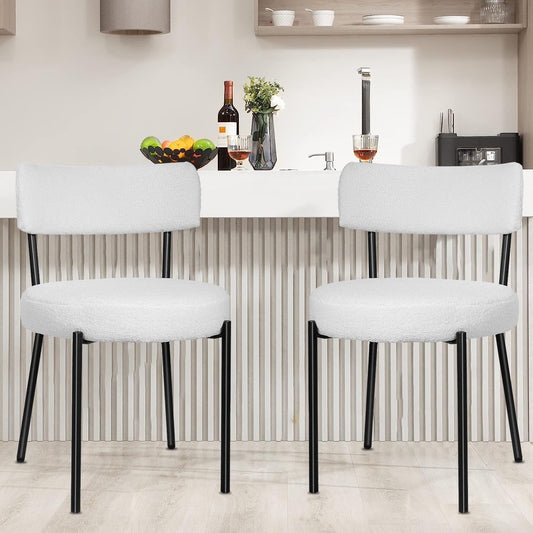 HomeZeer Dining Chair Set of 2, Modern Boucle Upholstered Dining Chair, Dining Room Round Seat with Curved Backrest, White Dining Room Chairs with Black Metal Legs for Kitchen