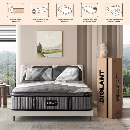 DIGLANT 14 Inch Queen Plush Hybrid Mattress Bed in a Box, 5 Layer Memory Foam with Pocket Springs for Supportive & Pressure Relief with Soft Fabric,100 Nights Trial,60"*80"*14"