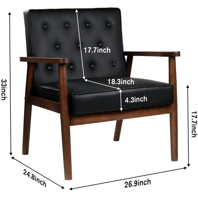 Mid-Century Retro Modern Solid Wood Armrest Accent Chair, Faux Leather Tufted Back Upholstered Lounge Chairs, Living Room Furniture