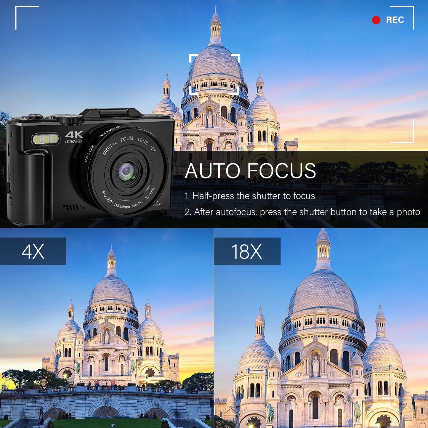 MARVUE Digital Camera 4K 64MP Vlogging Camera for YouTube Auto-Focus 18X Zoom 3" 180° Flip Screen Compact Video Camera with 32GB Card
