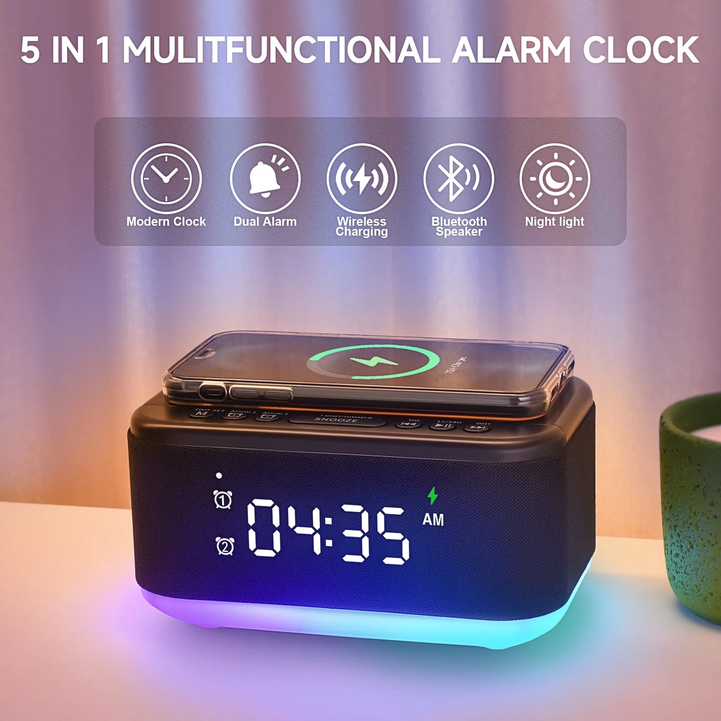 Fansbe Tech Vibrating Alarm Clock Wireless Charger, Digital Alarm Clocks Bluetooth USB Port (Black)